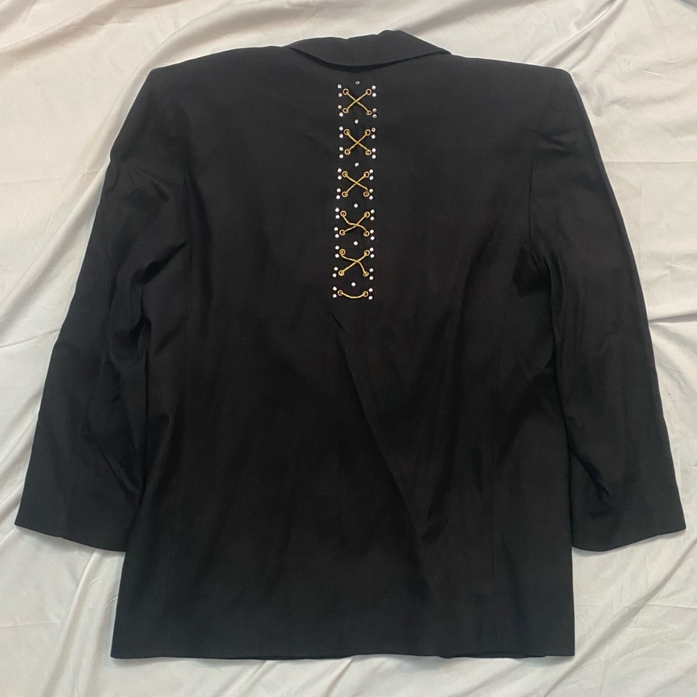 RARE Vintage 80s Chic Black Embellished Women's Blazer with Rhinestones & Chains - Picture 2 of 7